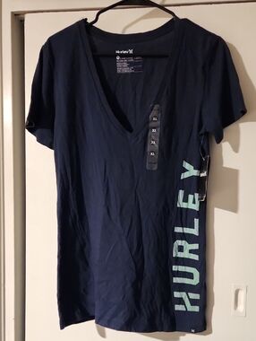 Hurley Women's Navy V-Neck Tee with Light Blue Side Logo